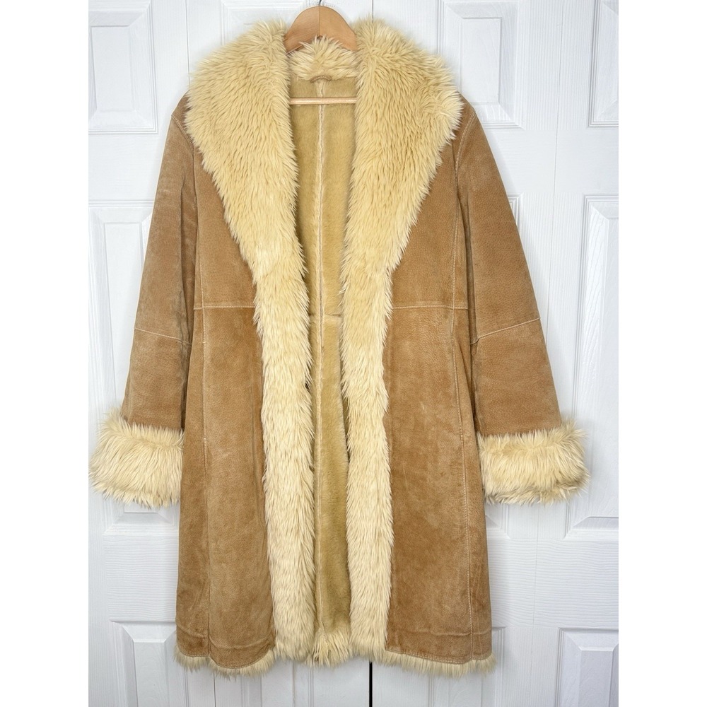 Vintage 90s/Y2K Wilsons Leather Tan Faux Fur Trim Long Penny Lane Coat Size M